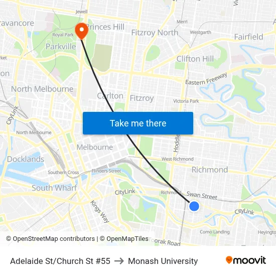 Adelaide St/Church St #55 to Monash University map