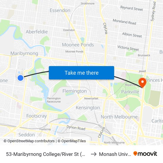 53-Maribyrnong College/River St (Maribyrnong) to Monash University map