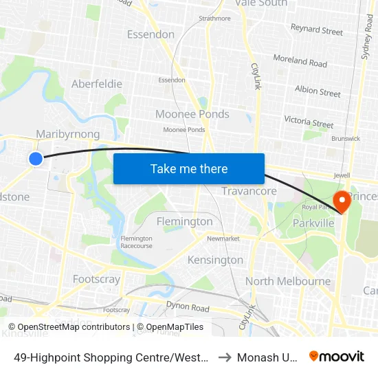 Highpoint Shopping Centre/Wests Rd #49 to Monash University map