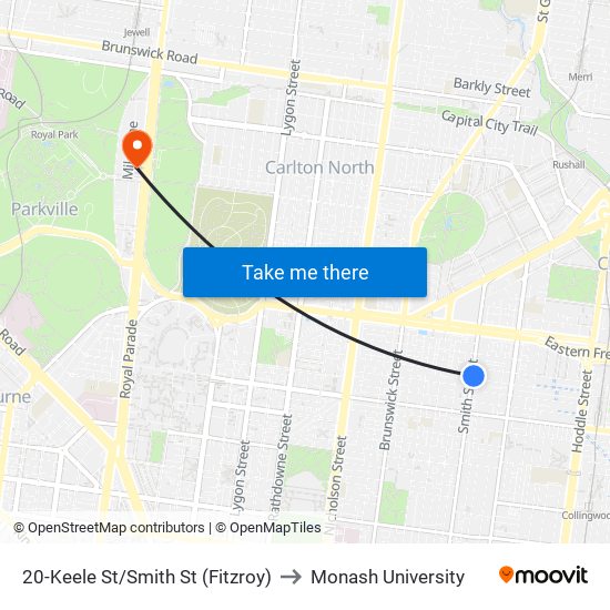 20-Keele St/Smith St (Fitzroy) to Monash University map