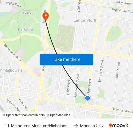 11-Melbourne Museum/Nicholson St (Fitzroy) to Monash University map