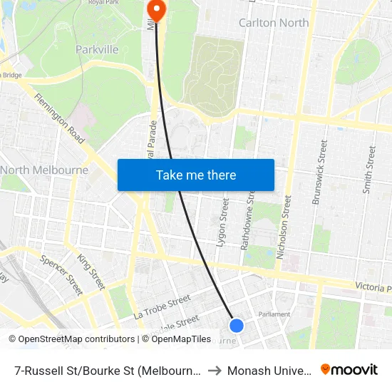 Russell St/Bourke St #7 to Monash University map