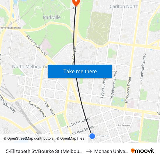 5-Elizabeth St/Bourke St (Melbourne City) to Monash University map