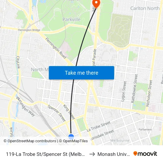 La Trobe St/Spencer St #119 to Monash University map