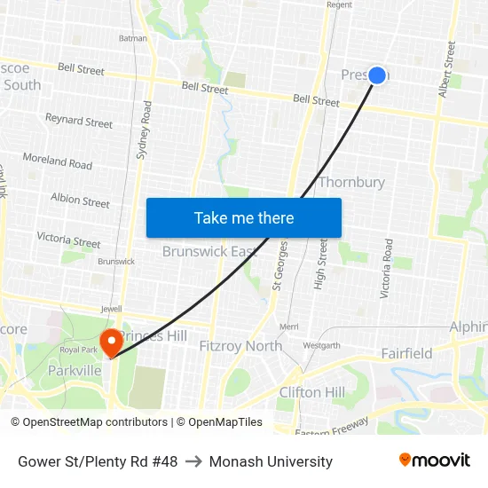 Gower St/Plenty Rd #48 to Monash University map