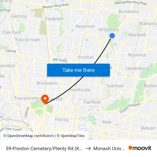 Preston Cemetery/Plenty Rd #59 to Monash University map