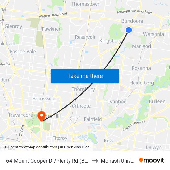 64-Mount Cooper Dr/Plenty Rd (Bundoora) to Monash University map