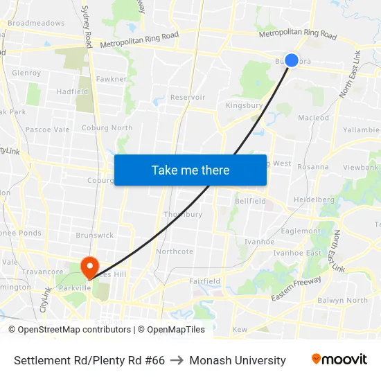 Settlement Rd/Plenty Rd #66 to Monash University map