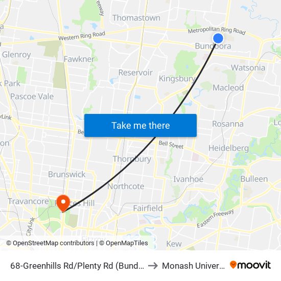 68-Greenhills Rd/Plenty Rd (Bundoora) to Monash University map