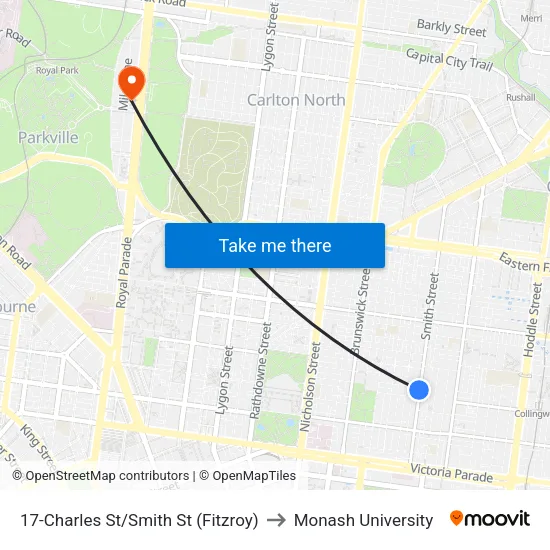 Charles St/Smith St #17 to Monash University map