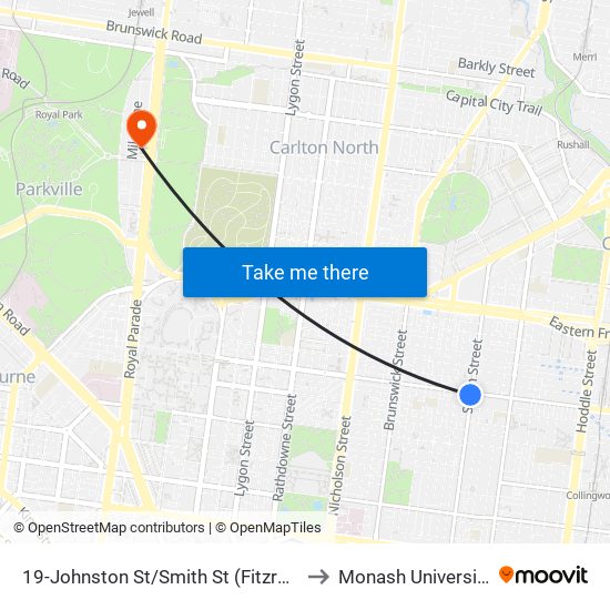 19-Johnston St/Smith St (Fitzroy) to Monash University map