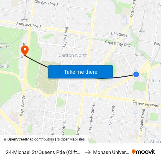 24-Michael St/Queens Pde (Clifton Hill) to Monash University map