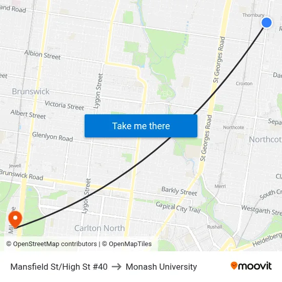 Mansfield St/High St #40 to Monash University map