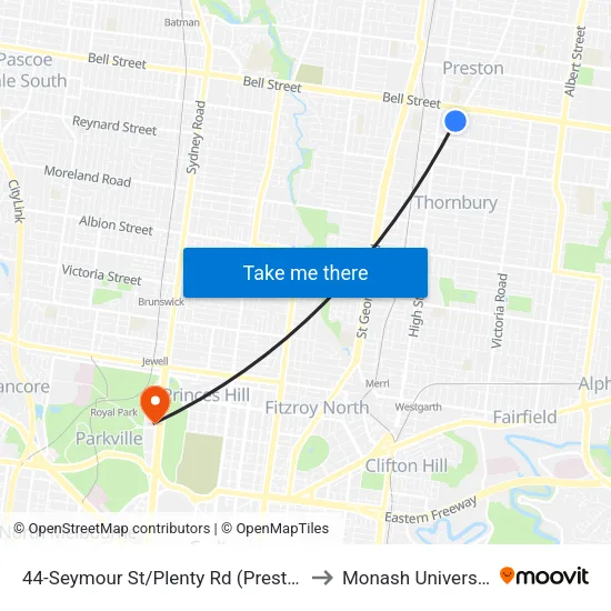 Seymour St/Plenty Rd #44 to Monash University map