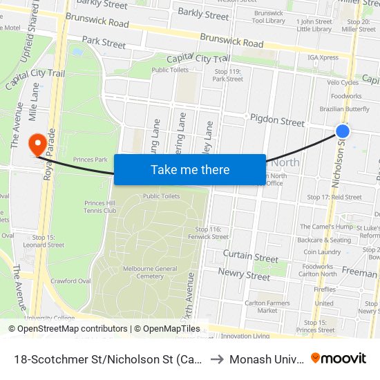 18-Scotchmer St/Nicholson St (Carlton North) to Monash University map