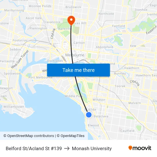 Belford St/Acland St #139 to Monash University map