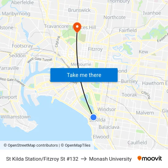 St Kilda Station/Fitzroy St #132 to Monash University map
