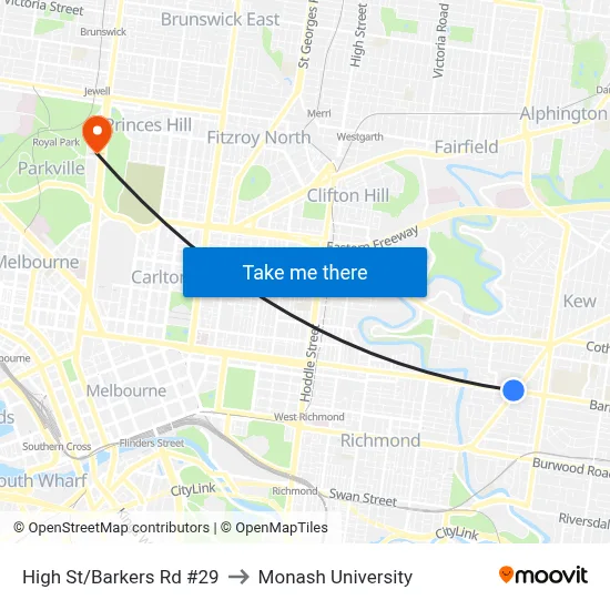 High St/Barkers Rd #29 to Monash University map