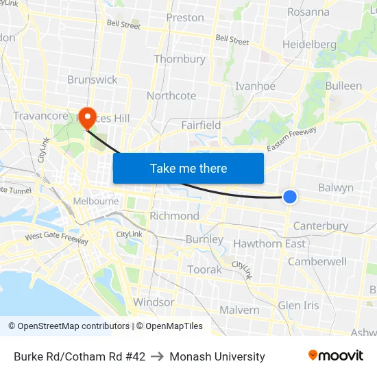 Burke Rd/Cotham Rd #42 to Monash University map