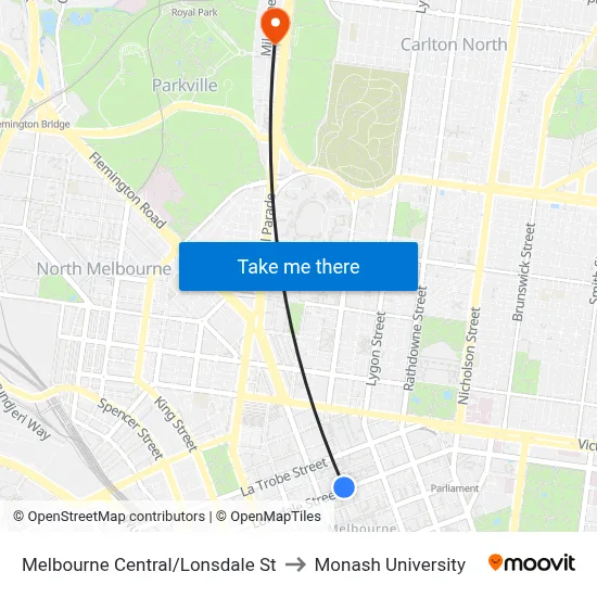 Melbourne Central/Lonsdale St to Monash University map