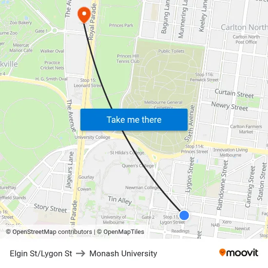 Elgin St/Lygon St to Monash University map