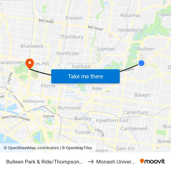Bulleen Park & Ride/Thompsons Rd to Monash University map