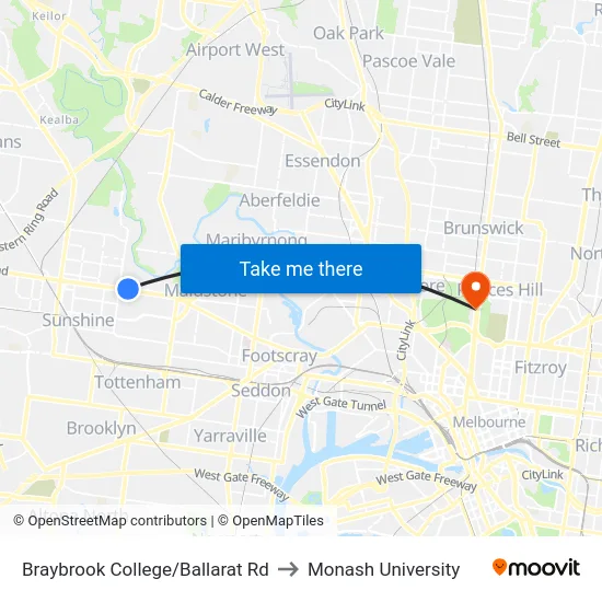 Braybrook College/Ballarat Rd to Monash University map