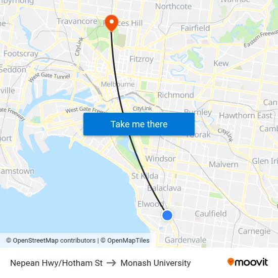 Nepean Hwy/Hotham St to Monash University map