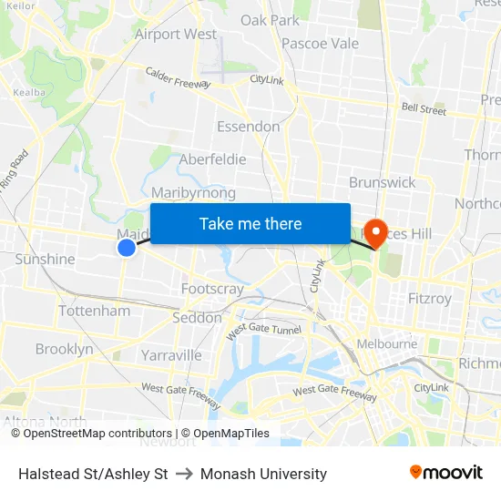 Halstead St/Ashley St to Monash University map
