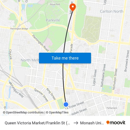 Queen Victoria Market/Franklin St (Melbourne City) to Monash University map