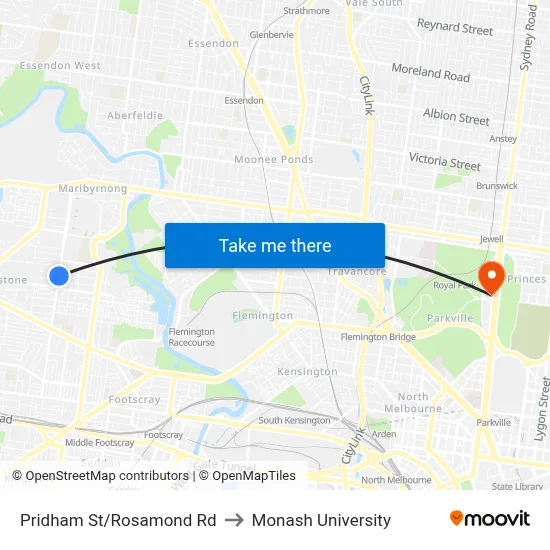 Pridham St/Rosamond Rd to Monash University map