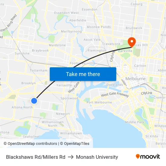 Blackshaws Rd/Millers Rd to Monash University map