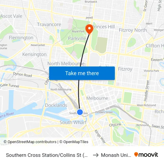 Southern Cross Station/Collins St to Monash University map