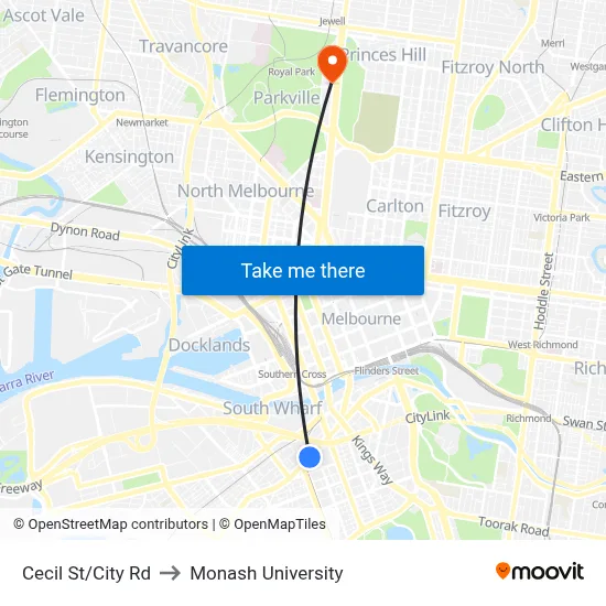 Cecil St/City Rd to Monash University map