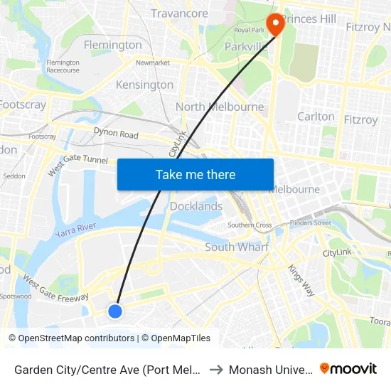 Garden City/Centre Ave to Monash University map