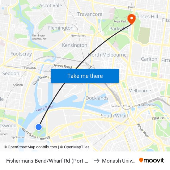 Fishermans Bend/Wharf Rd (Port Melbourne) to Monash University map
