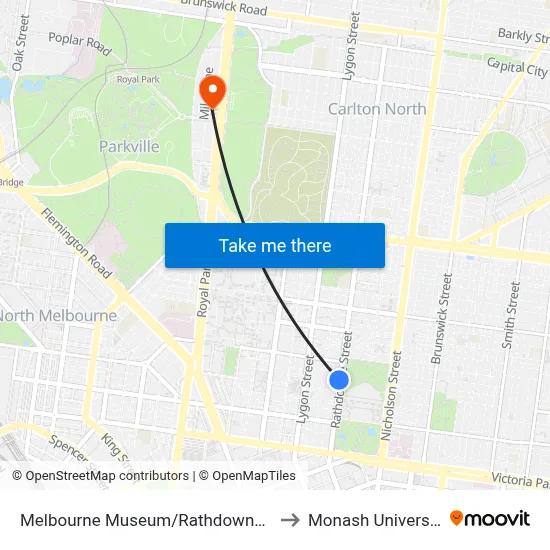 Melbourne Museum/Rathdowne St to Monash University map