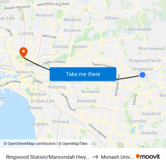 Ringwood Station/Maroondah Hwy (Ringwood) to Monash University map