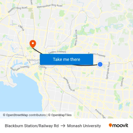 Blackburn Station/Railway Rd to Monash University map