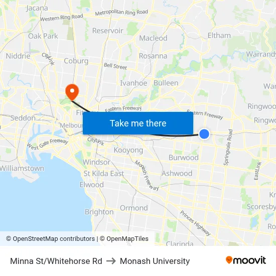 Minna St/Whitehorse Rd to Monash University map