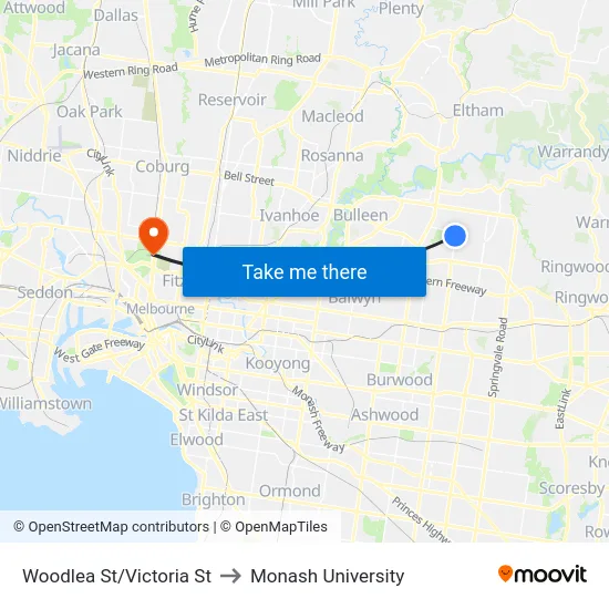 Woodlea St/Victoria St to Monash University map