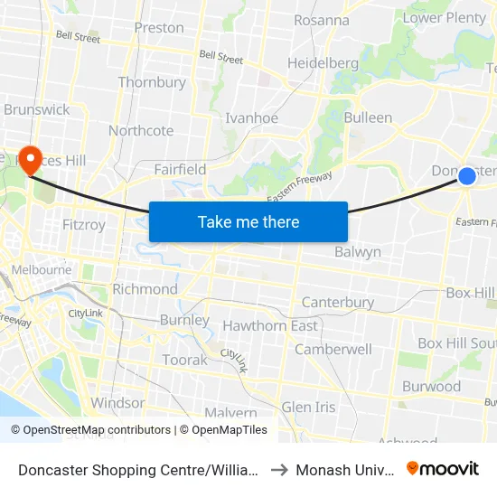 Doncaster Shopping Centre/Williamsons Rd to Monash University map