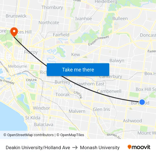 Deakin University/Holland Ave to Monash University map