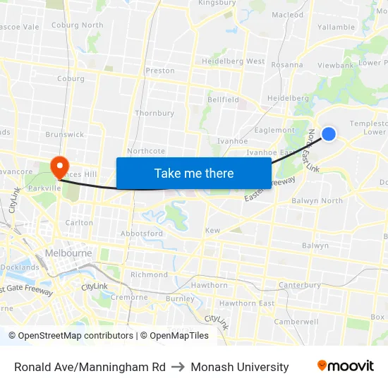 Ronald Ave/Manningham Rd to Monash University map