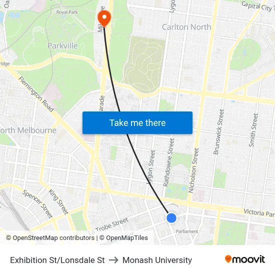 Exhibition St/Lonsdale St to Monash University map