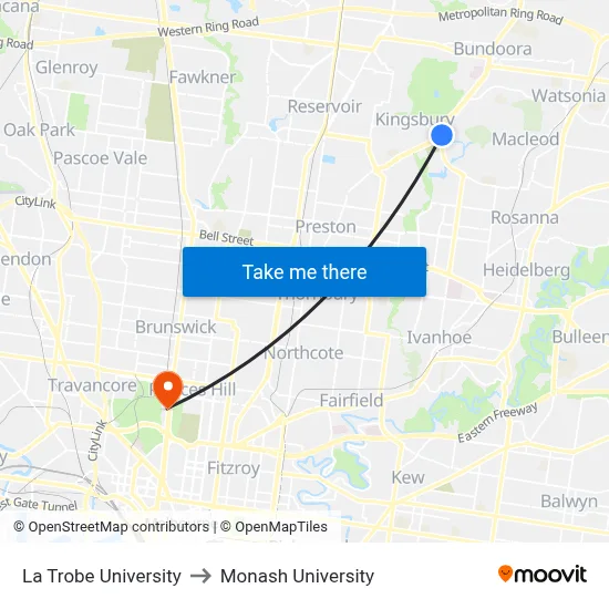 La Trobe University to Monash University map