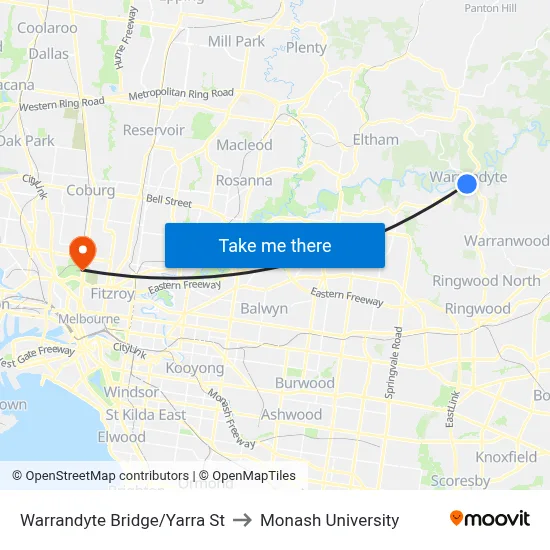 Warrandyte Bridge/Yarra St to Monash University map