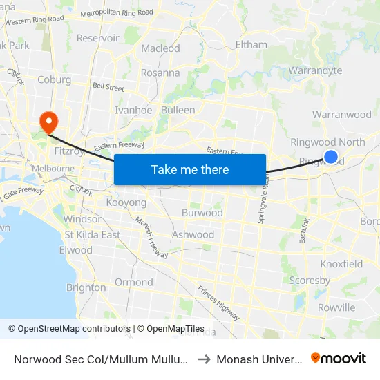 Norwood Sec Col/Mullum Mullum Rd to Monash University map