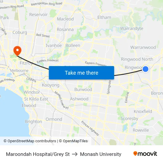 Maroondah Hospital/Grey St to Monash University map