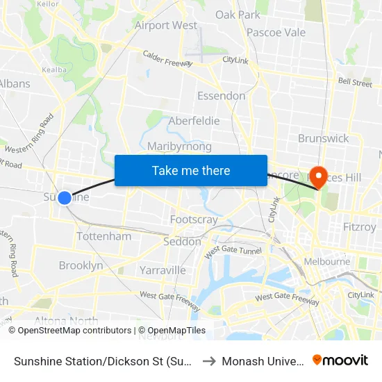 Sunshine Station/Dickson St to Monash University map